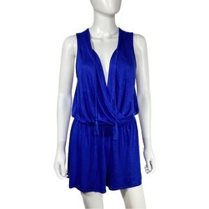 Pink Rose Faux Wrap Plunging V-Neck Royal Blue Romper